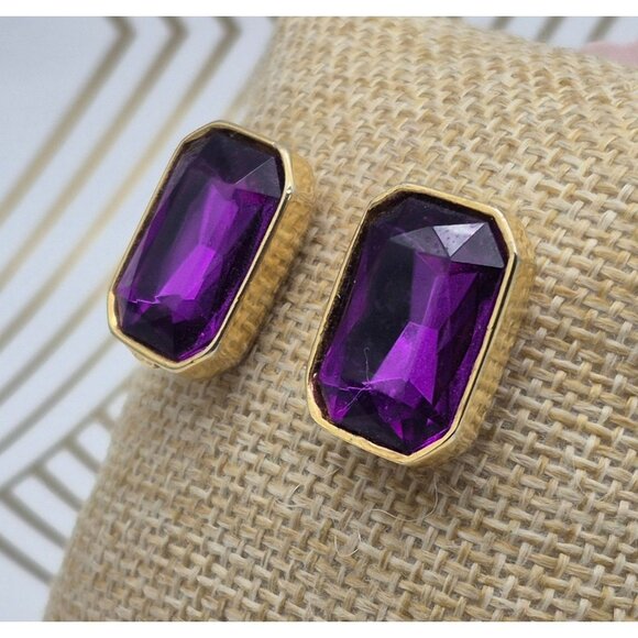 Gold Tone & Purple Crystal Rectangle Statement Stud Earrings Prom Formal Event - Picture 3 of 6